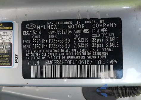2015 Hyundai Santa Fe Limited from USA, damaged, VIN KM8SR4HF0FU106167